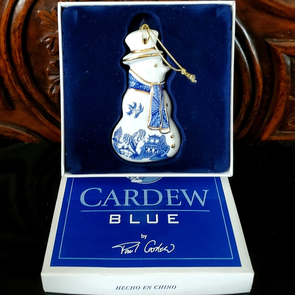 1999 Porcelain Cardew Blue 3 1/2" Snowman Ornament Gold Accent Boxed